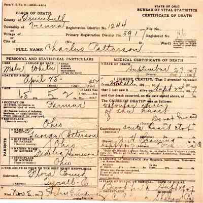 Death Certificate for Charles Patterson, 1917