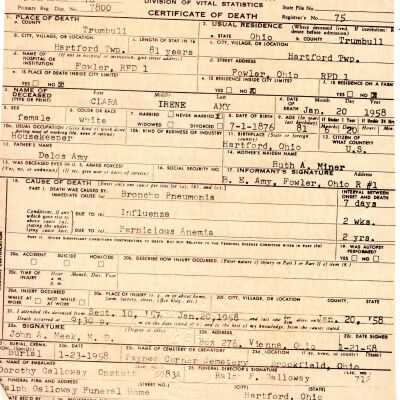 Death Certificate, Amy, Clara, 1958