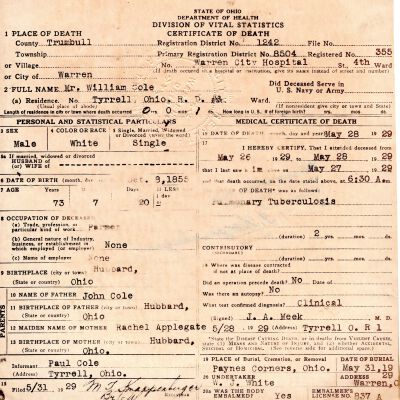 Death Certificate, Cole, William, 1929