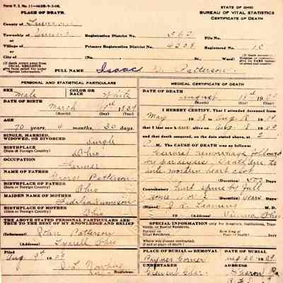 Death Certificate for Isaac N. Patterson, 1909
