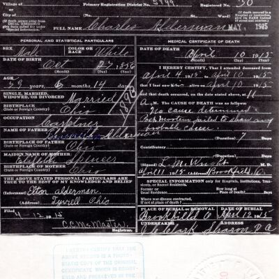 Death Certificate, Alderman, Charles, 1915