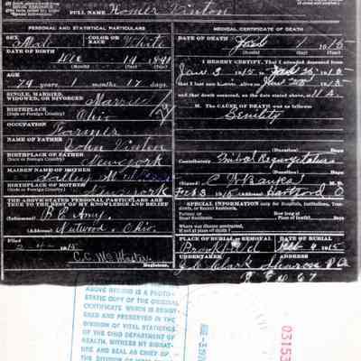 Death Certificate for Homer Vinton, 1915