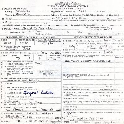 Death Certificate, Cratsley, David F., 1935