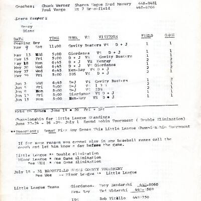 D & J Crane Little League Baseball Schedule, 1987