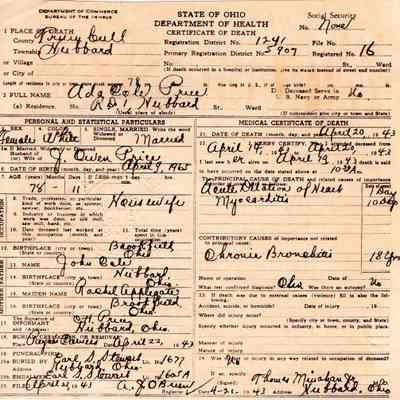 Death Certificate for Ada Cole Price, 1943