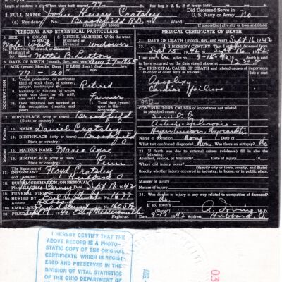 Death Certificate, Cratsley, John Henry, 1942