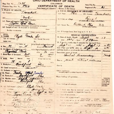 Death Certificate, Combs Sr, Clyde, 1945