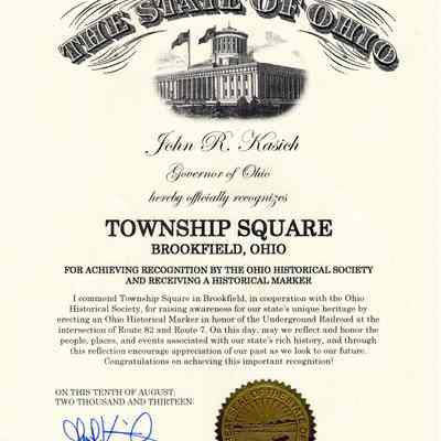 Ohio Historical Marker Certificate for Township Square 2013