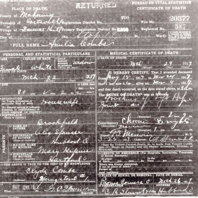 Death Certificate, Combs, Amelia, 1917
