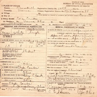 Death Certificate, Combs, Cora, 1922