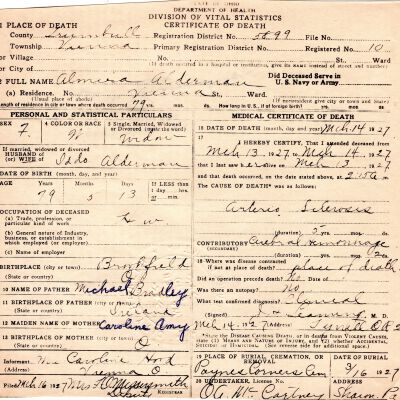 Death Certificate, Alderman, Almira, 1927