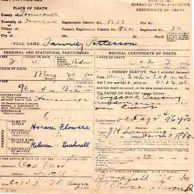 Death Certificate for Fannie Patterson, 1916