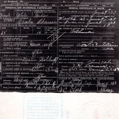 Death Certificate, Alderman, Louisa, 1923