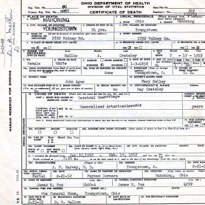 Death Certificate, Cratsley, Nellie A., 1952