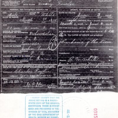 Death Certificate, Fowler, Henry, 1910