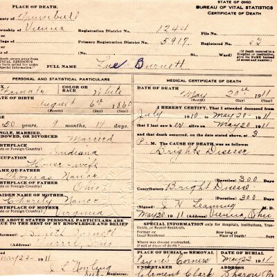 Death Certificate, Burnett, Lue, 1911