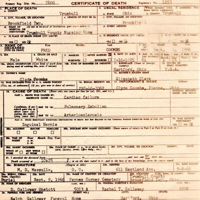 Death Certificate, Coombs, Fred, 1966