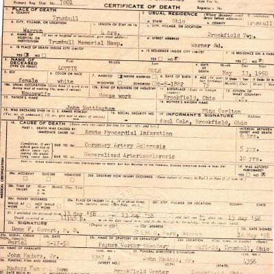 Death Certificate, Cole, Lottie, 1958