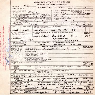 Death Certificate, Cole, Harry, 1951