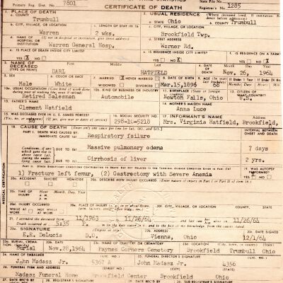 Death Certificate for Hatfield, Darl, 1964