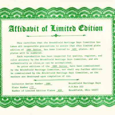 Affidavit for Limited Edition Plate 1989