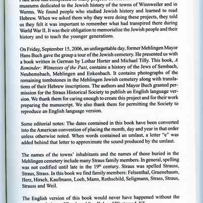 Book: Horter, Lothar and Michael Tilly. "A Reminder: Witnesses of the Past." Published in English by: Straus Historical Society, Inc. Smithtown, N.Y. Published in German by: Municipality Federation of Enkenbach-Alsenborn. 2007.
