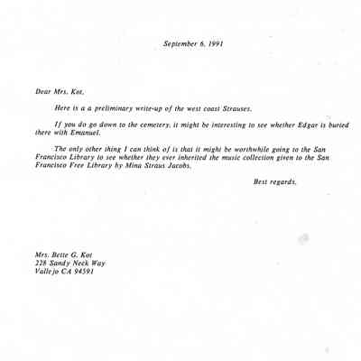 Letter: Straus, Robert K. to Mrs. Kot, (Mrs. Bette Gorrell Kot) 228 Sandy Neck Way, Vallejo, California 94591.6 September 1991.