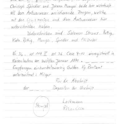 Sales Contract Transcription Between Conrad Rettig and Salomon Strauss - In German