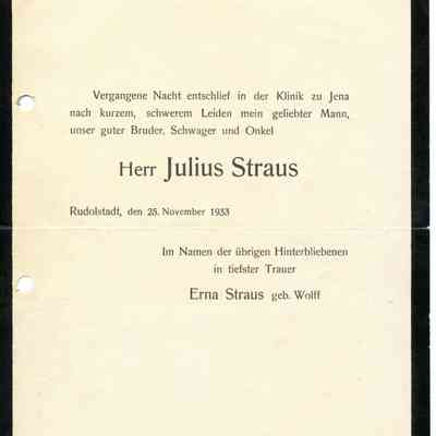 Letter: Straus, Percy S., to Mrs. Julius Straus, Gebindstrabe 6, Rudolstadt, Germany. 14 December 1933.