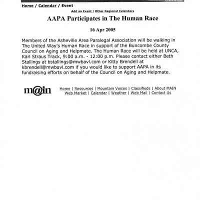 Internet article: "AAPA Participates in The Human Race" Mountain Area Information Network: The Community network for Western North Carolina. 16 April 2005. One page.