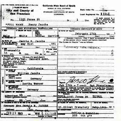Death Certificate 1161: Henry Jacobs, 1101 Jones Street. 17 February 1917.