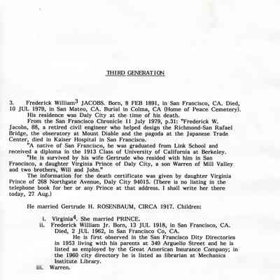 Research Materials: Straus Genealogy Draft. 26 August 1991. Six typewritten pages.