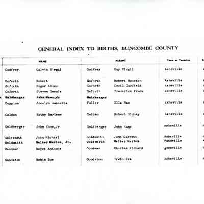 Birth Index: John Hans Goldberger, Jr. Born in Asheville, NC, 28 Aril 1954. Book 43, Page867.