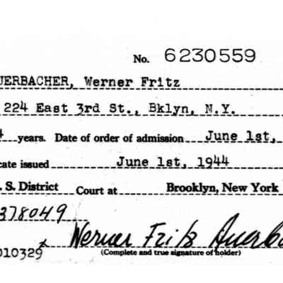 Naturalization: Werner Fritz Auerbacher. No 6230559, June 1, 1944
