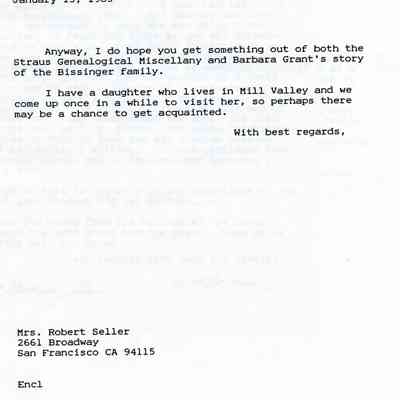 Letter: Straus, Robert Kenneth, Santa Barbara, CA, to Mrs. Robert Seller, San Francisco, CA. 15 January 1985.