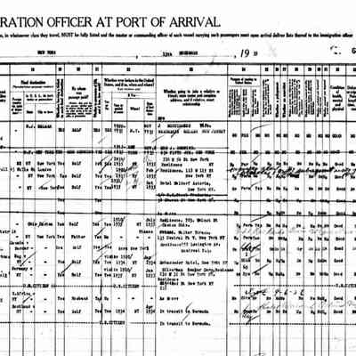 Passenger Manifest: Jung, Ilse, age 23, no profession, reads and writes English, born Mannheim, Line 9. Sailed 7 December 1935 on the S.S. Aquitania from Southampton to New York arriving on 13 December 1935. Two pages.
