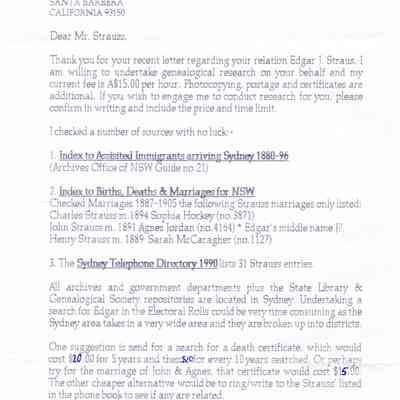 Letter: Robert K. Straus to Michelle Nichols (genealogist). Aug. 1991