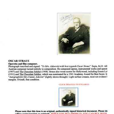 eBay Auction Photograph: Oscar Straus - Inscribed Photograph. 8 March 2007.