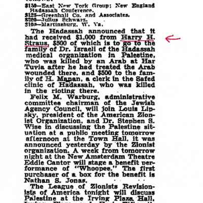 Article: "Palestine Relief Gets $47,120 in Day," The New York Times. 14 September 1929.