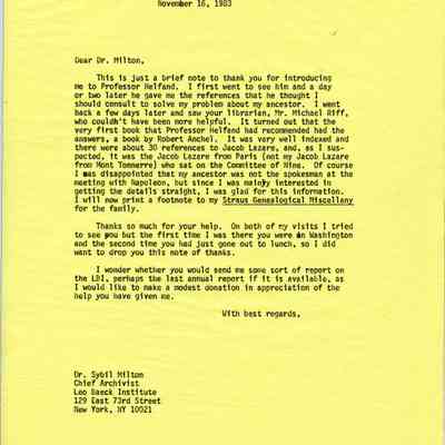 Letter: Straus, Robert Kenneth, Santa Barbara, CA, to Dr. Sybil Milton, Chief Archivist, Leo Baeck Institute, New York, NY. 16 November 1983.