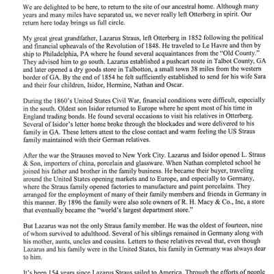 Speech given by Oscar S. Straus III at a plaque dedication ceremony for Oscar S. Straus in Otterberg, Germany on 18 September 2006