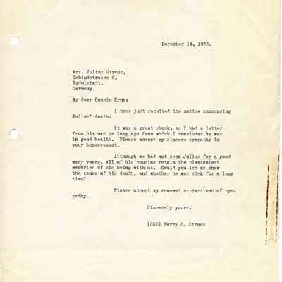 Letter: Straus, Percy S., to Mrs. Julius Straus, Gebindstrabe 6, Rudolstadt, Germany. 14 December 1933.