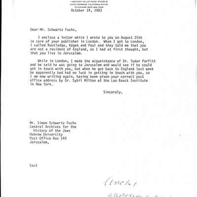 Letter: Straus, Robert Kenneth, Santa Barbara, CA, to Simon Schwartzfuchs, Central Archives for the History of the Jews, Hebrew University, Jerusalem, Israel. 14 October 1983.
