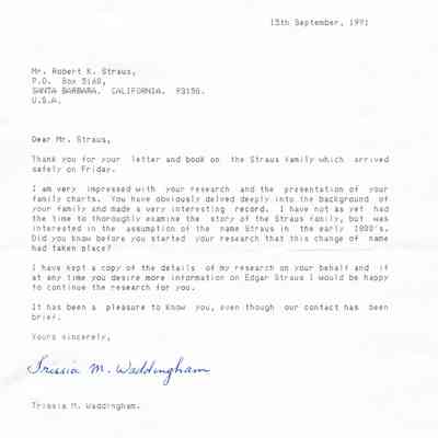 Letter: Waddington, Mrs. Trissia M., 18 Waygrove Avenue, Earlwood NSW 2206 to Mr. Robert K. Straus, P O Box 5160, Santa Barbara, California 93150, U.S.A. 15 September 1991.