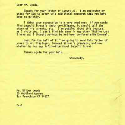 Letter: Straus, Robert Kenneth, Santa Barbara, CA, to Wilber Leeds, San Francisco, CA. 1 September 1982.