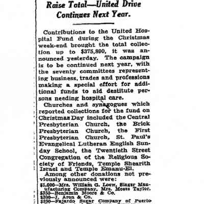 Article: "Fund for Hospitals Mounts to $375,890," The New York Times. 29 December 1932.
