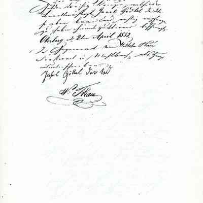 Business Paper: Johanette GRUENEBAUM is mentioned. Signed W. Thau. April 1832. In Old German. Not translated. Two handwritten pages.