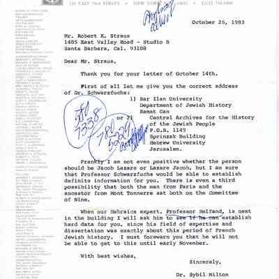 Letter: Milton, Dr. Sybil, Chief Archivist, Leo Baeck Institute, New York NY, to Robert Kenneth Straus, Santa Barbara, CA. 26 October 1983.