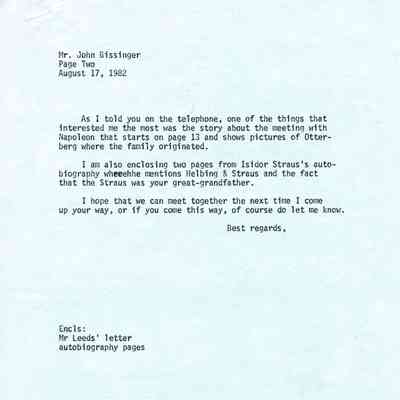 Letter from Robert K. Straus to John W. Bissinger Jr. (great grandson of Emanuel Straus).