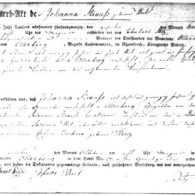 Death Record: Johanna Straus Weil. Oct. 9, 1825